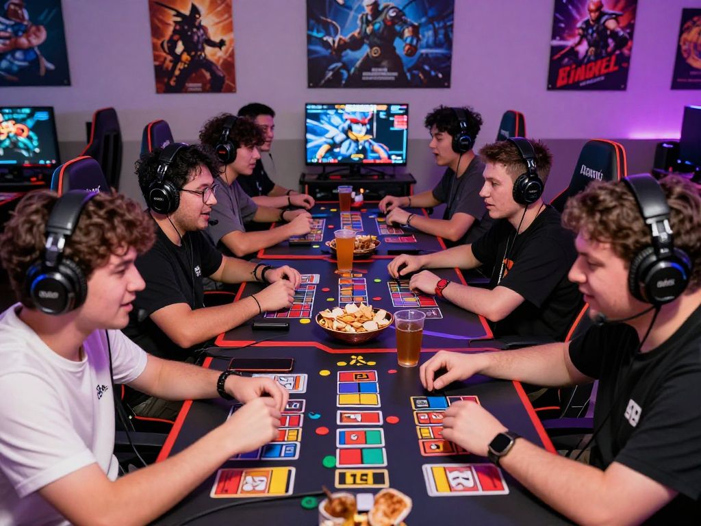 Engaged players at a KOMBET168 gaming table creating a vibrant atmosphere with colorful game pieces.