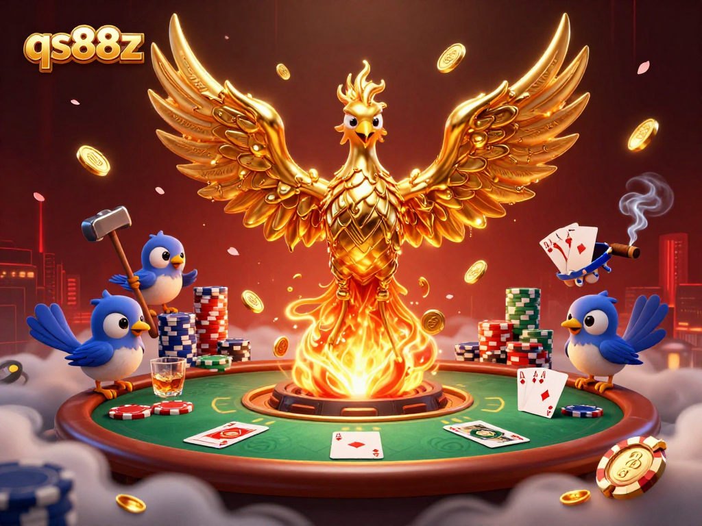 qs88z illustrates a golden phoenix and sparrows at a lively poker table, showcasing vibrant casino action.