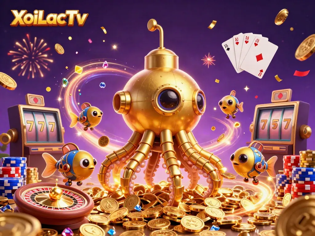 XoiLacTv showcases a vibrant casino scene with a golden kraken submarine, coins, and a roulette wheel.