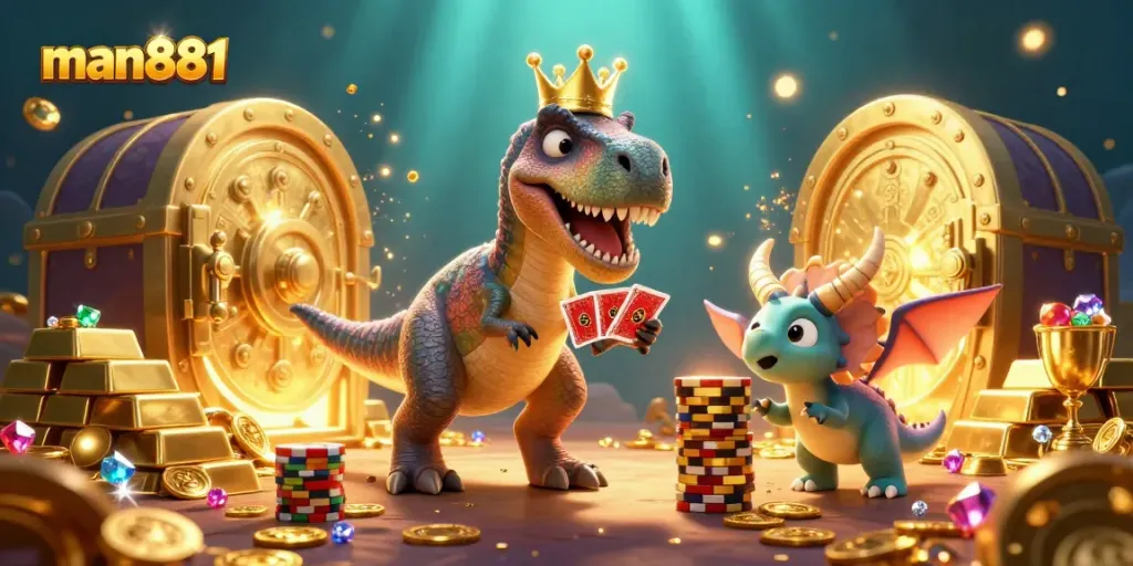 Experience thrilling gameplay with man881 as a cartoon T-Rex plays cards and wins gold in a vibrant casino.