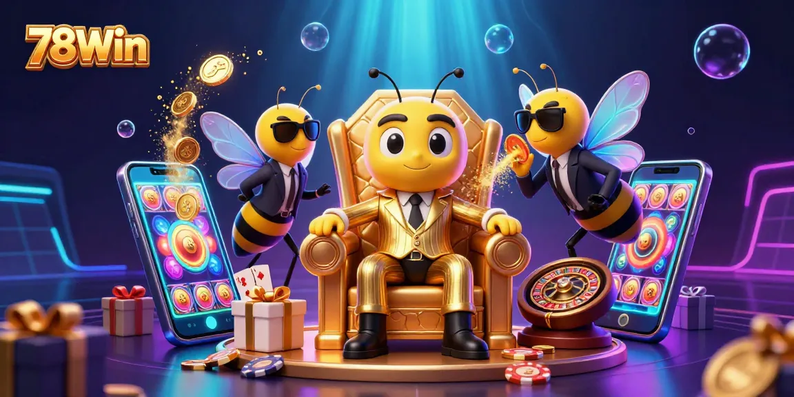 Experience thrilling games at 78Win with vibrant slots, golden coins, and dynamic fun in a 3D casino scene.