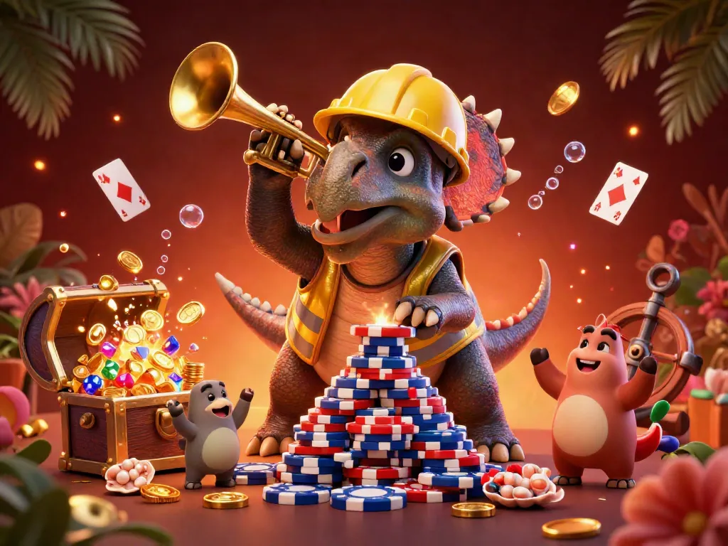 Experience the thrill of Game bài UU88 with a dynamic casino scene featuring playful dinosaurs and vibrant game elements.