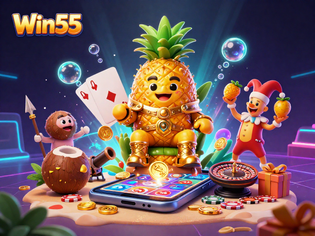 Engage in thrilling gameplay at Win55 with vibrant 3D illustration of a beach casino filled with colorful slot games and characters.