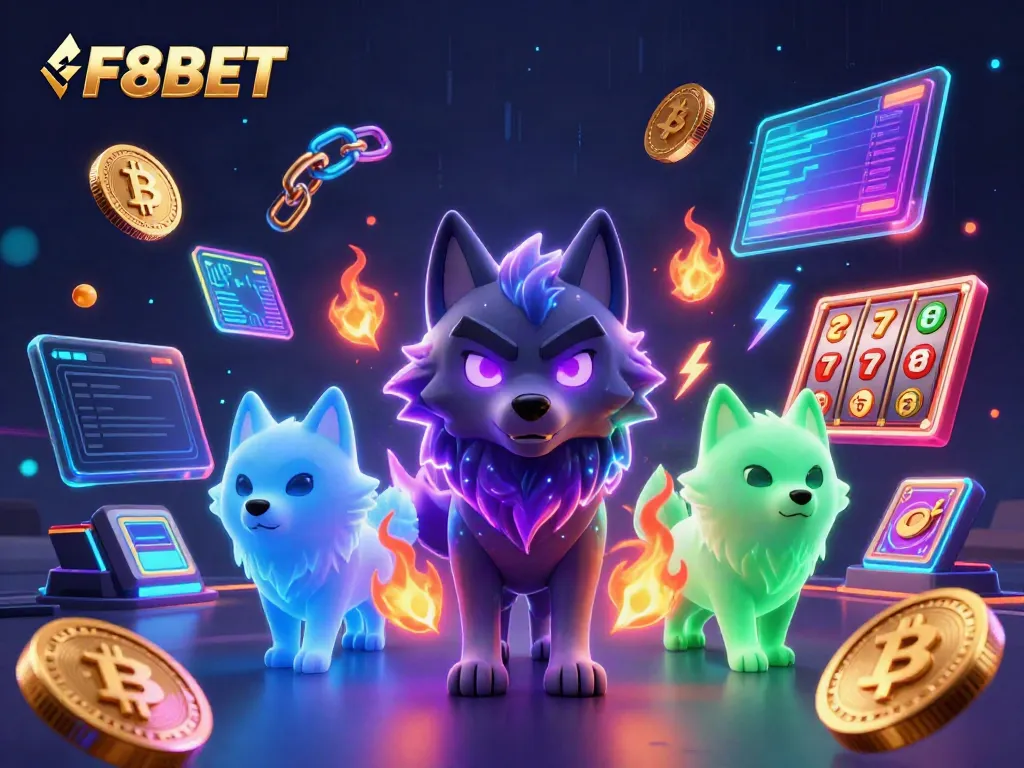 Experience the thrill of F8BET with vibrant casino elements and ghostly wolves.