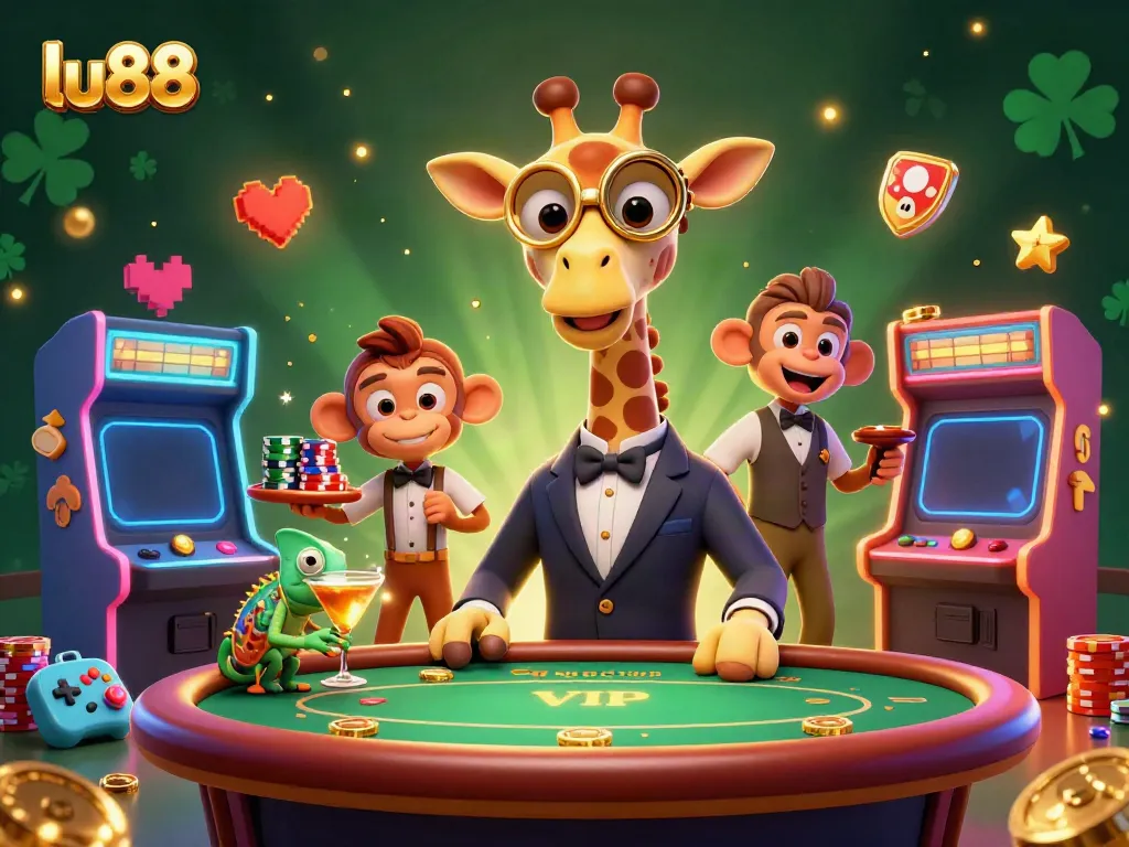 Experience thrilling gameplay at LU88 with a high-roller giraffe and monkey valet in a vibrant casino scene.