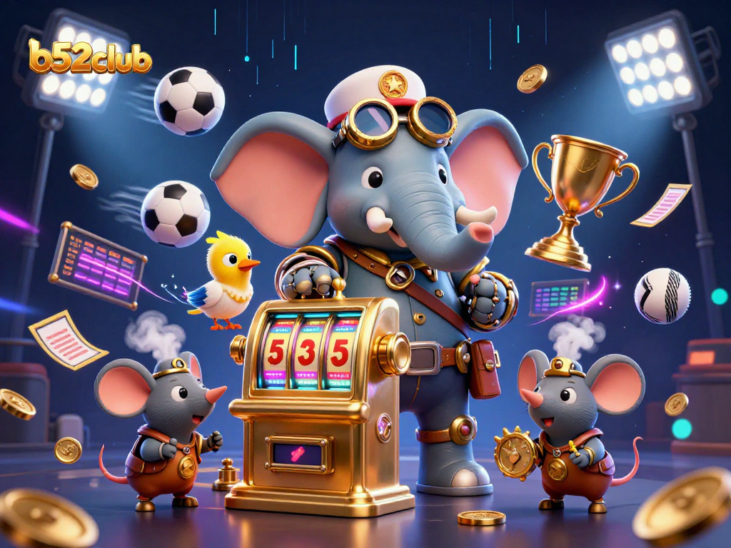 b52club showcases a steampunk elephant engineer operating a slot machine amidst dynamic sports elements.