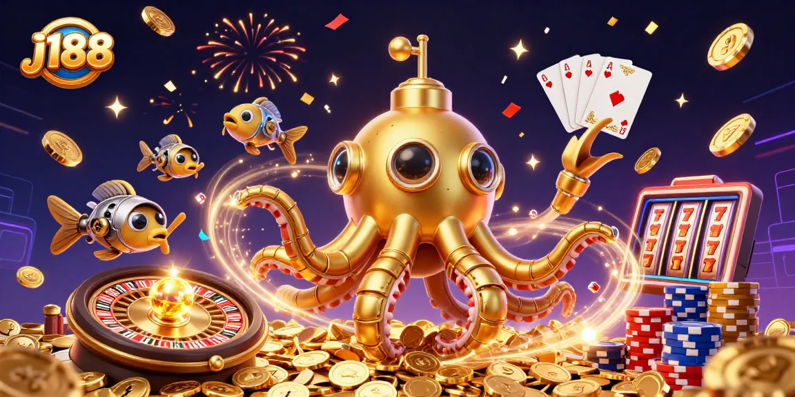Experience thrilling gaming action with j188's vibrant casino-themed illustration full of excitement.