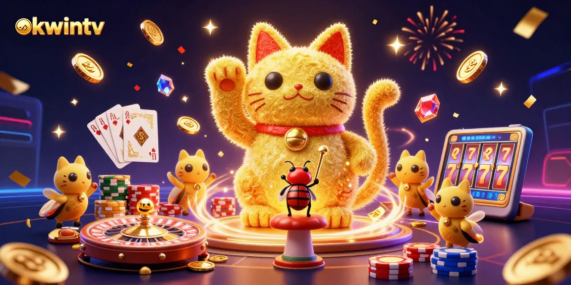 Engage with okwintv's exciting casino experience featuring a vibrant golden lucky cat amidst dynamic gambling elements.