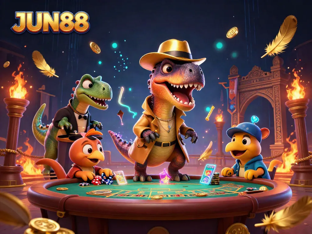 Experience the thrill at JUN88 with a 3D cartoon velociraptor card counter at a blackjack table, amidst vibrant casino elements.