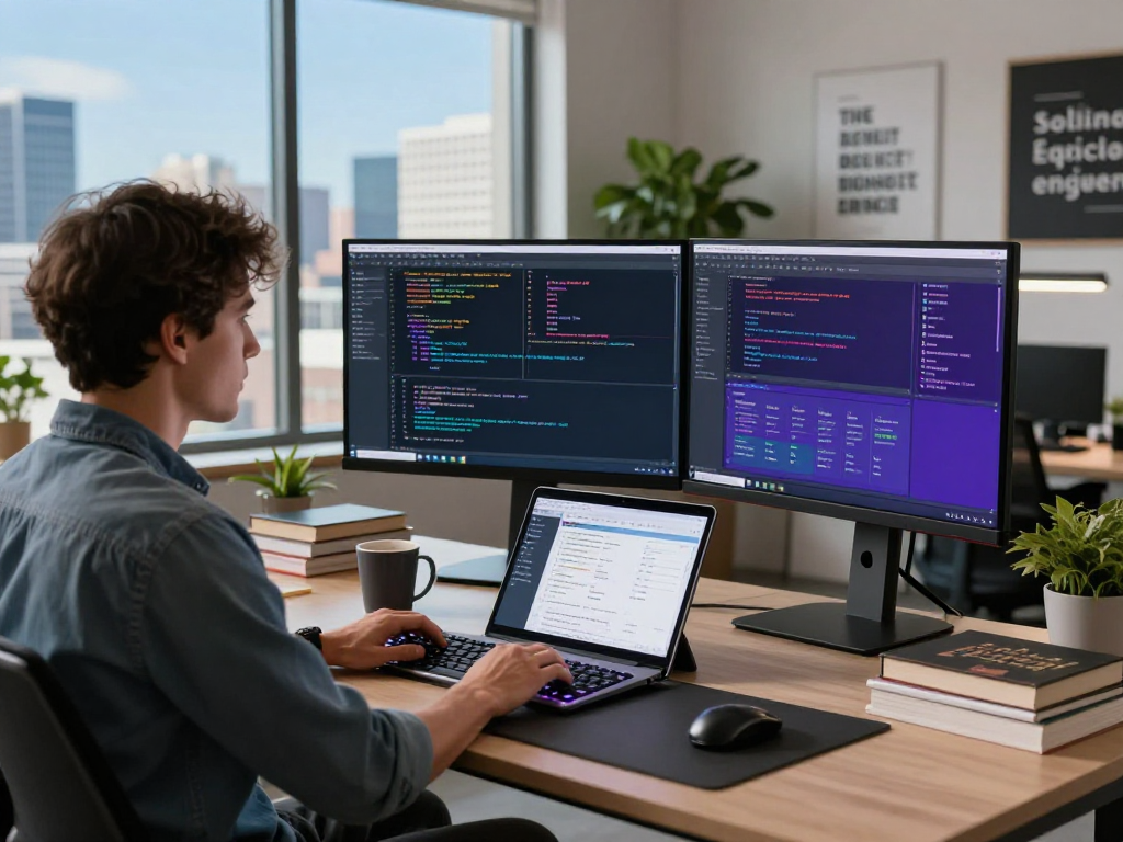 Net88 software development workspace with dual monitors displaying code and UI design tools, creating an innovative atmosphere.
