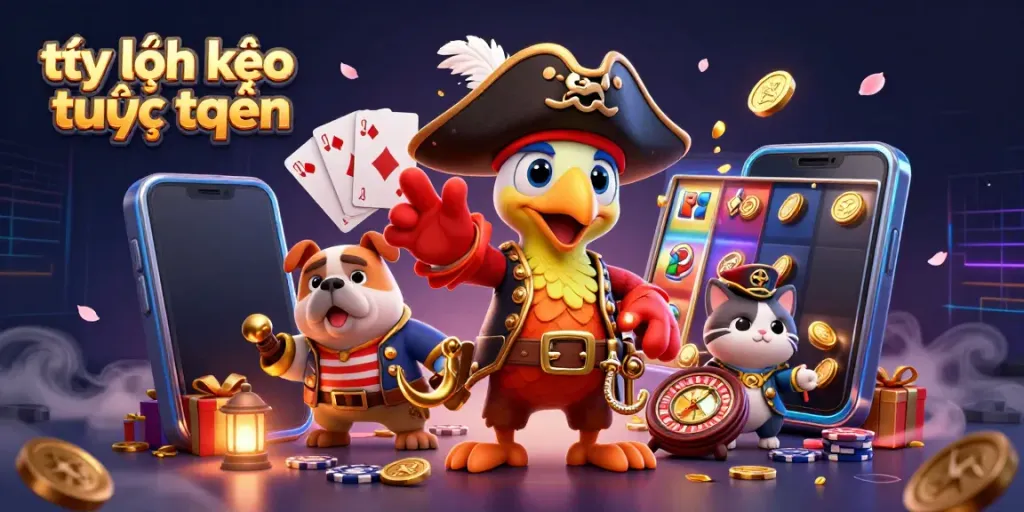 Experience the excitement of tỷ lệ kèo trực tuyến with colorful gaming elements, pirate characters, and dynamic visuals.