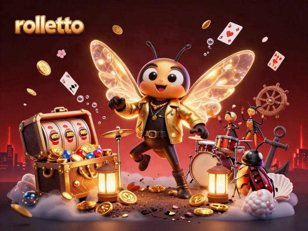 Experience the thrilling world of rolletto with a vibrant casino illustration featuring a cicada rock star and dynamic slot elements.