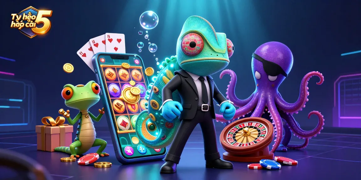Tỷ lệ kèo nhà cái 5 showcases a vibrant scene with a chameleon, gecko, and octopus immersed in casino elements.