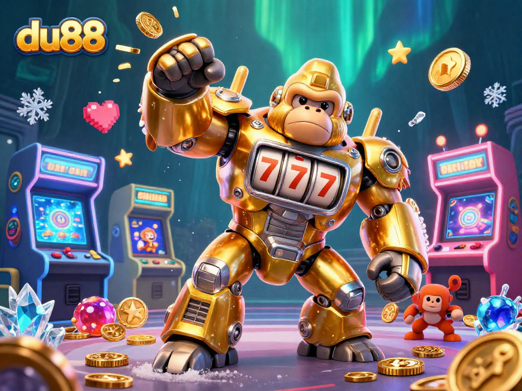 Experience du88's thrilling gaming scene with a golden gorilla mech surrounded by dazzling casino elements.