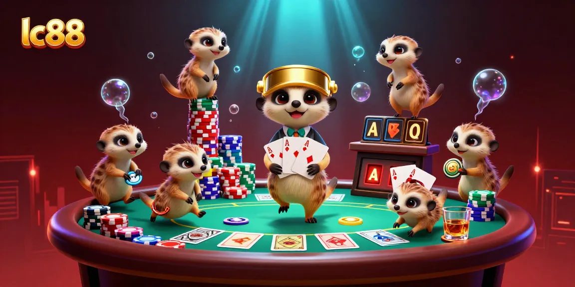 Bet big with lc88 amidst a lively meerkat casino scene, showcasing vibrant poker action.