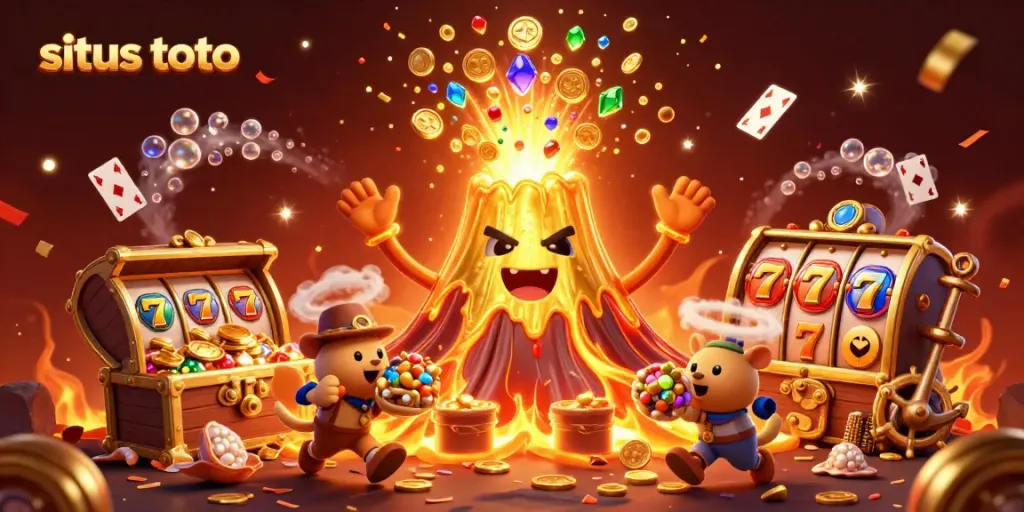 Spin to win with situs toto, featuring a triumphant golden volcano amidst treasures and slots!