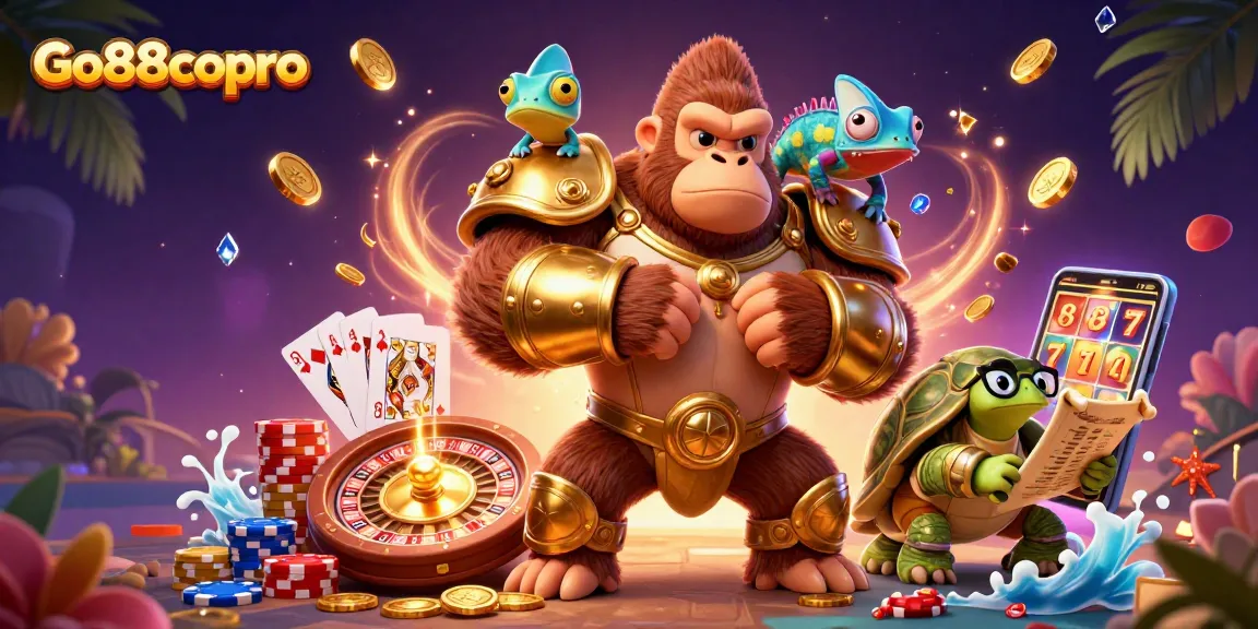 Engage with Go88copro's vibrant casino scene featuring the gorilla king amidst colorful game elements.