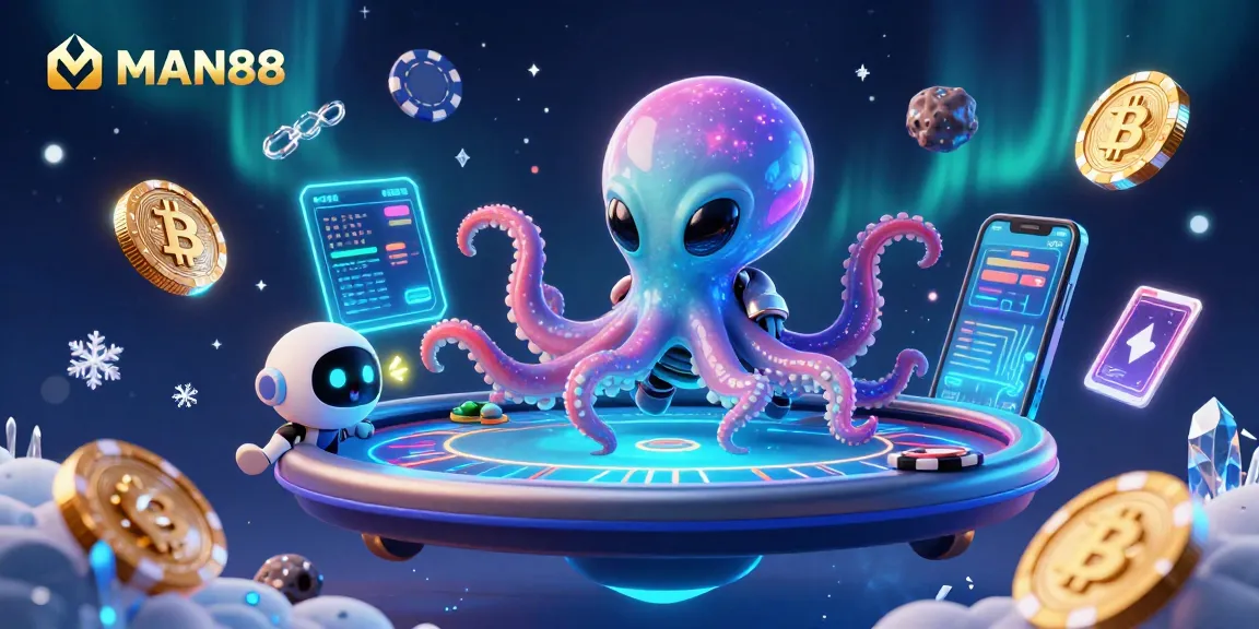 Experience the thrill of MAN88 with a playful, alien octopus at a holographic poker table.