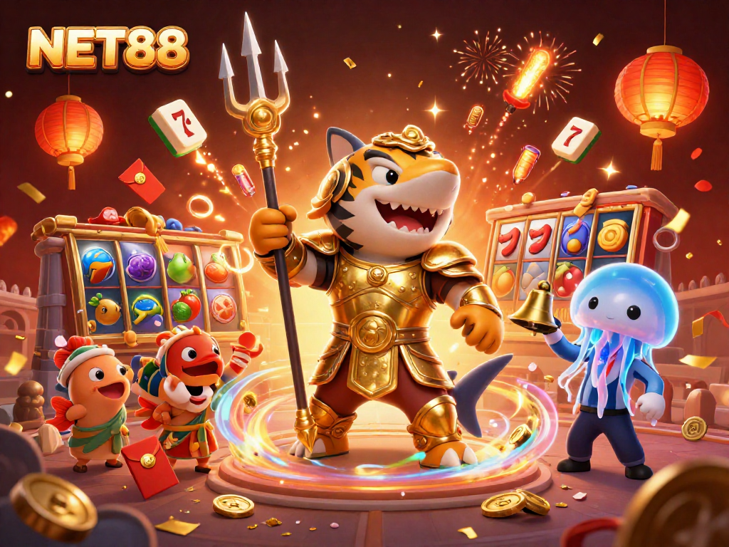 Experience NET88 thrills with a lively underwater casino scene featuring a tiger shark, fish, and festive elements.