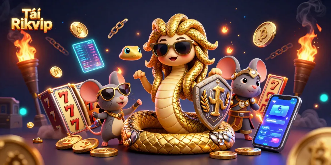 Play exciting games with Tải Rikvip in a vibrant casino scene filled with dynamic characters and crypto elements.