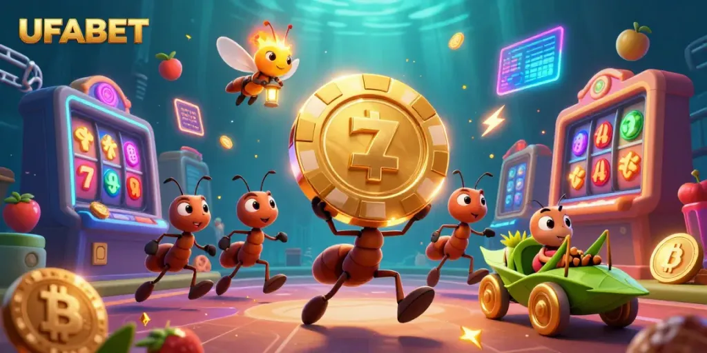 Ants in a casino-themed heist carrying a UFABET poker chip amidst vibrant slot elements and crypto coins.