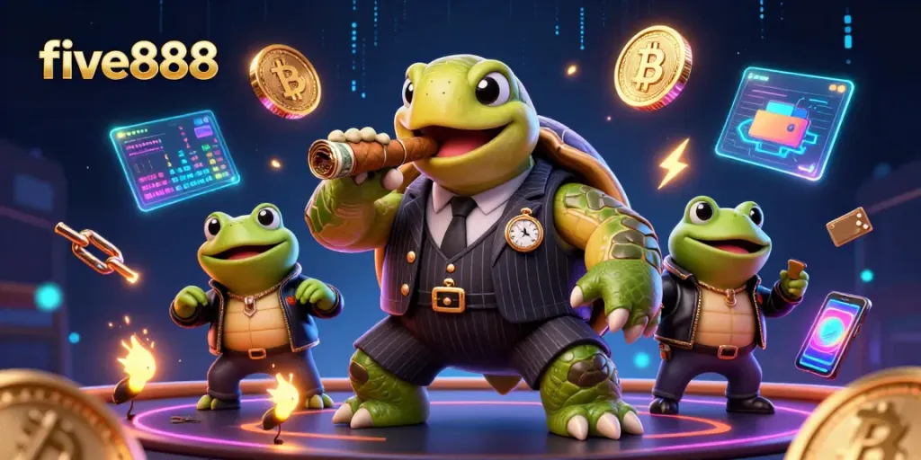 Join the five888 casino adventure with stunning visuals of a turtle in a suit, surrounded by crypto elements.