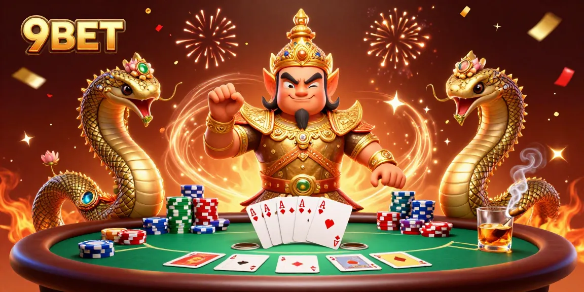 Experience the thrill of 9BET with a vibrant poker scene featuring a yaksha and Naga companions.