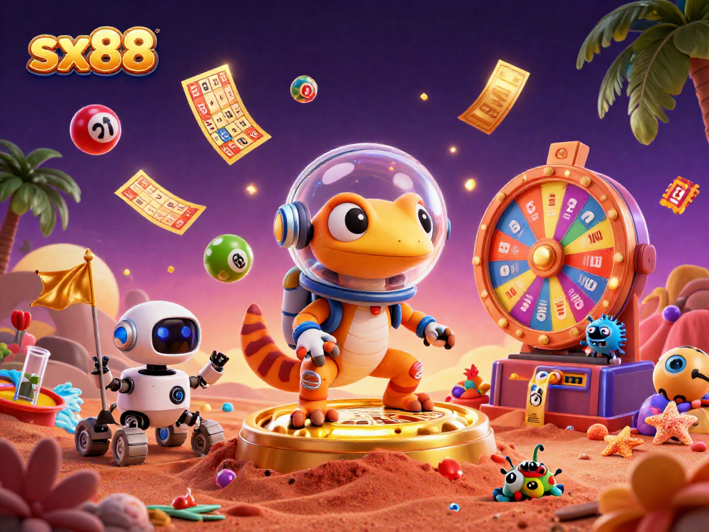 SX88 showcases a dynamic casino adventure with a Martian gecko and vibrant gambling elements.