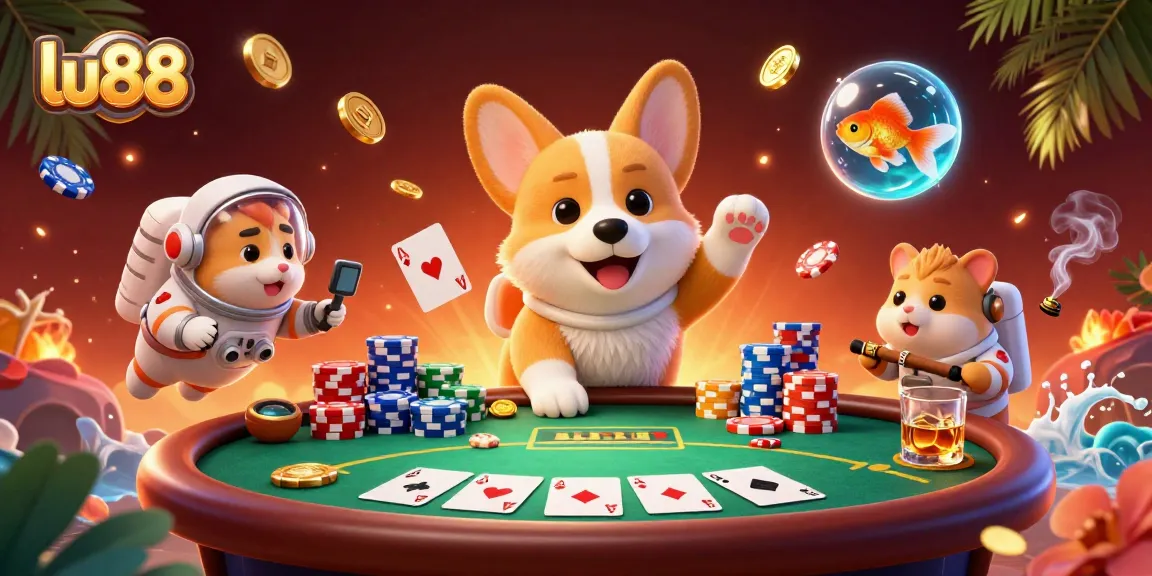 Experience thrilling games at lu88 with a festive corgi in a vibrant space casino.