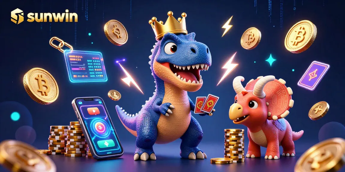 Sunwin players engage with vibrant 3D casino elements, featuring dinosaurs in a dynamic gaming scene.