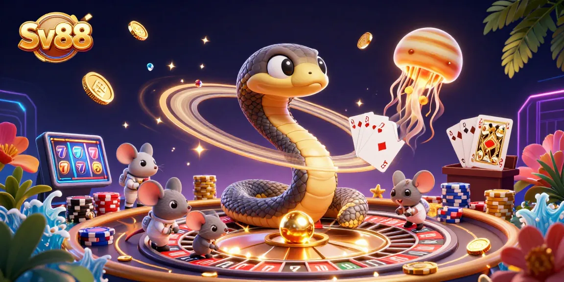 Engage with Sv88's thrilling casino experience featuring a cosmic roulette scene with astronaut mice betting