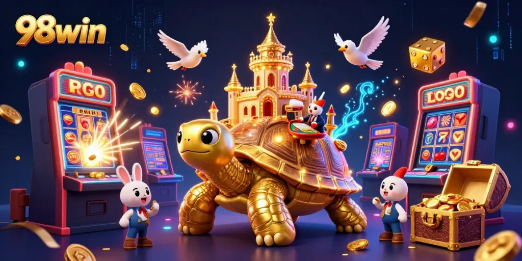 Experience the excitement of 98win with a vibrant 3D casino scene filled with a golden tortoise and jackpot elements.