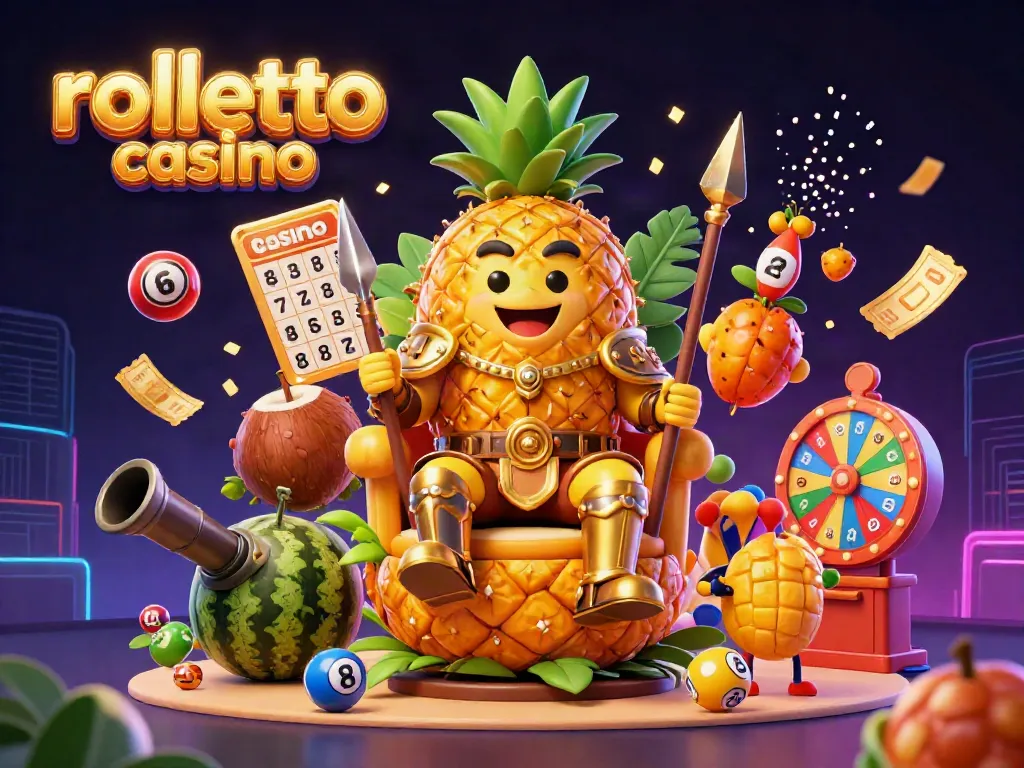 Experience rolletto casino excitement with 3D golden pineapple king, lottery balls, and vibrant prizes.