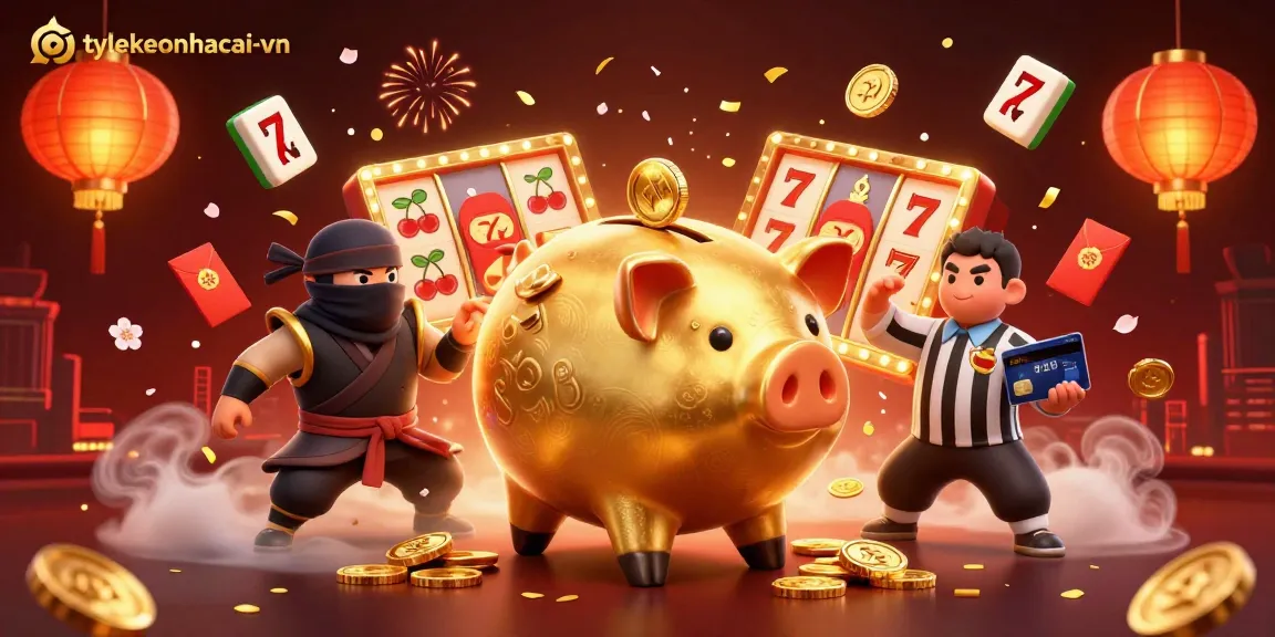 Witness the thrilling action of tylekeonhacai-vn with a golden piggy bank sumo wrestler, wallet-ninja, and samurai referee