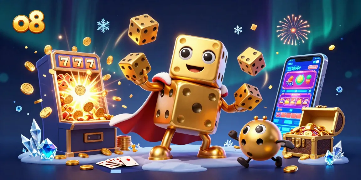 Experience thrilling wins at o8 with a vibrant scene of a golden dice golem and casino excitement.