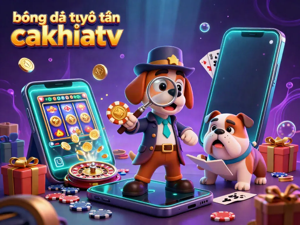 Bóng đá trực tuyến cakhiatv scene with a detective exploring poker chips and colorful slot games.