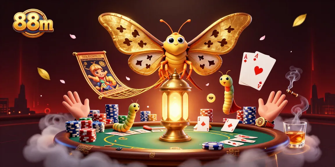 Spin your luck with 88m at a vibrant casino scene featuring a majestic moth and poker elements.