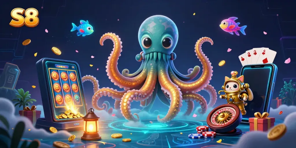 S8 gaming scene showing vibrant gambling elements with a kraken and diving cat in action.
