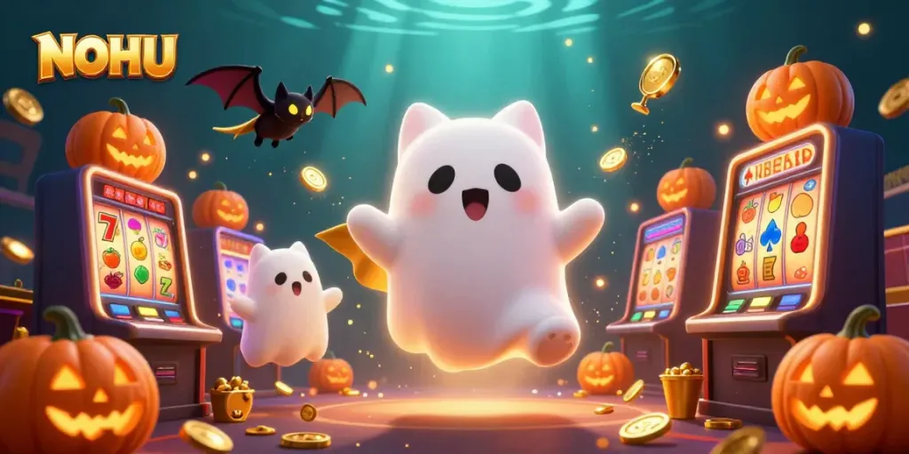 Experience thrilling gameplay with NOHU's vibrant 3D casino illustration featuring a ghost cat and jackpot elements.