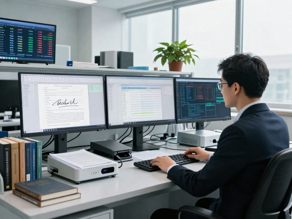 Professional workspace illustrating document fraud detection analysis with advanced AI technology and forensic tools.