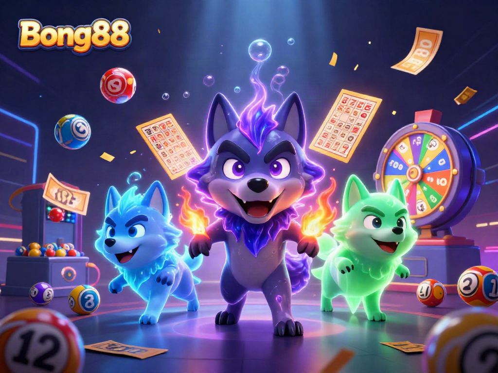 Bong88 engages players with a vibrant 3D casino scene featuring dynamic lottery elements and ghostly wolves.