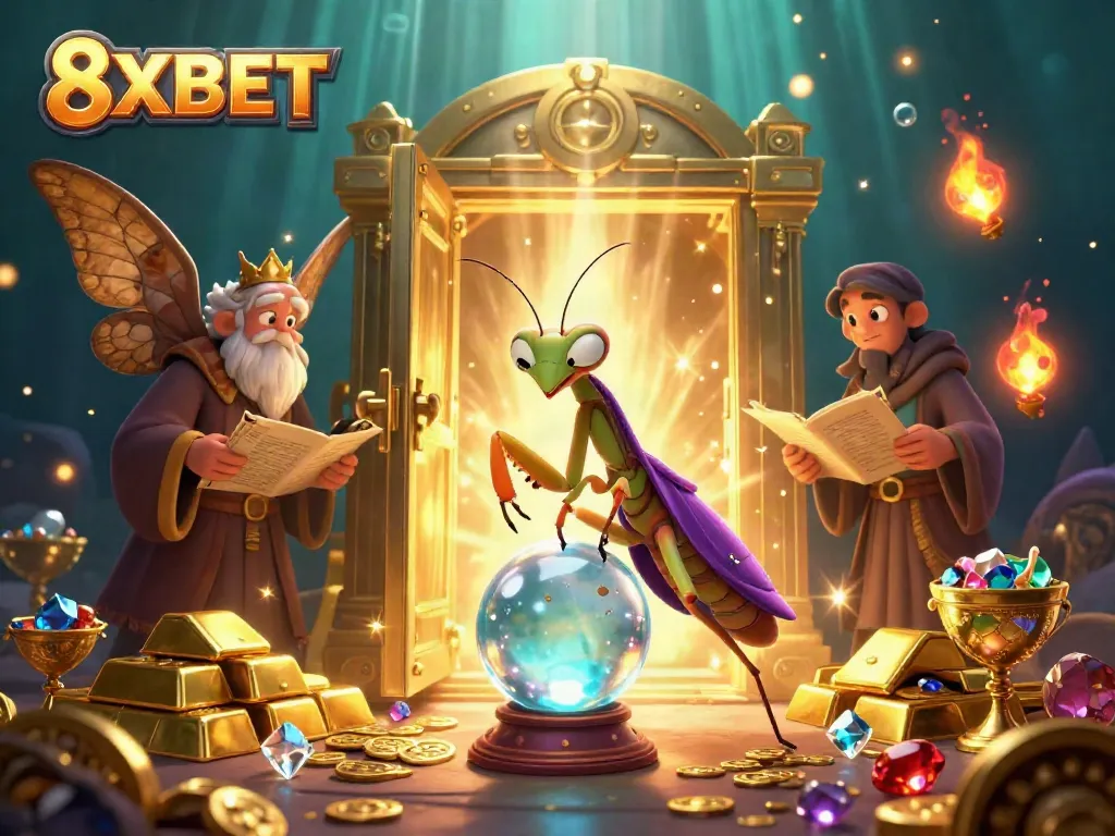 Enjoy the mystical allure of 8XBET with a fortune teller and treasures in a vibrant casino scene.