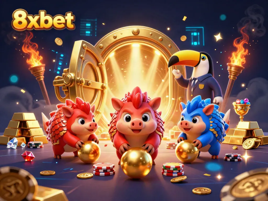 Experience thrilling action at 8xbet with rival pangolins competing in a vibrant casino scene.