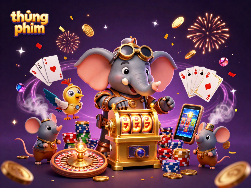 Win big today with thúng phim, featuring a steampunk elephant at a vibrant casino scene!