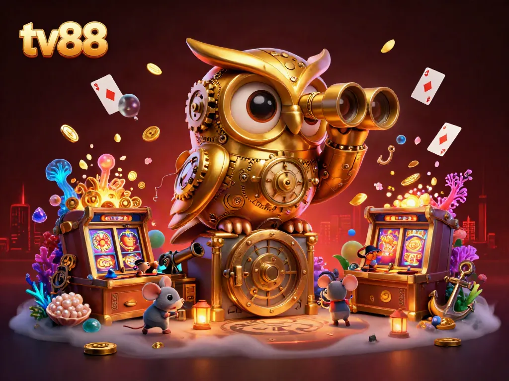 Experience the excitement of tv88 with a whimsical owl overseeing a vibrant casino scene filled with treasures and playful elements.