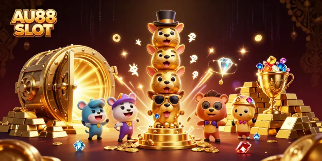 Engage with the AU88 SLOT experience featuring a vibrant totem pole and sparkling treasures.