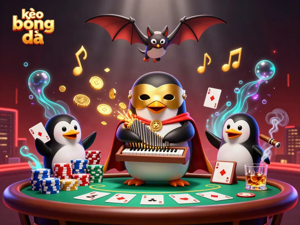 Kèo bóng đá scene with a whimsical penguin organist surrounded by poker elements and golden coins