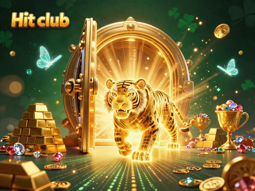 Hit club showcases magical casino adventures with a glowing tiger in an energetic digital landscape.