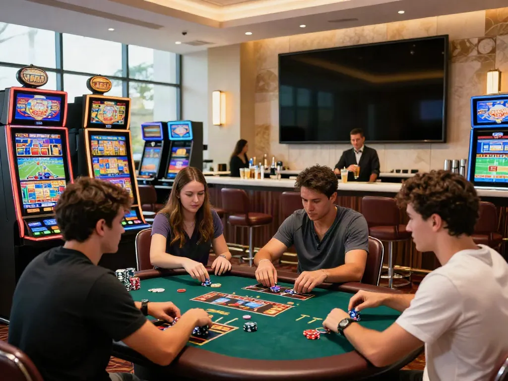 Engaged players at a credit card casino enjoying various games and vibrant atmosphere.