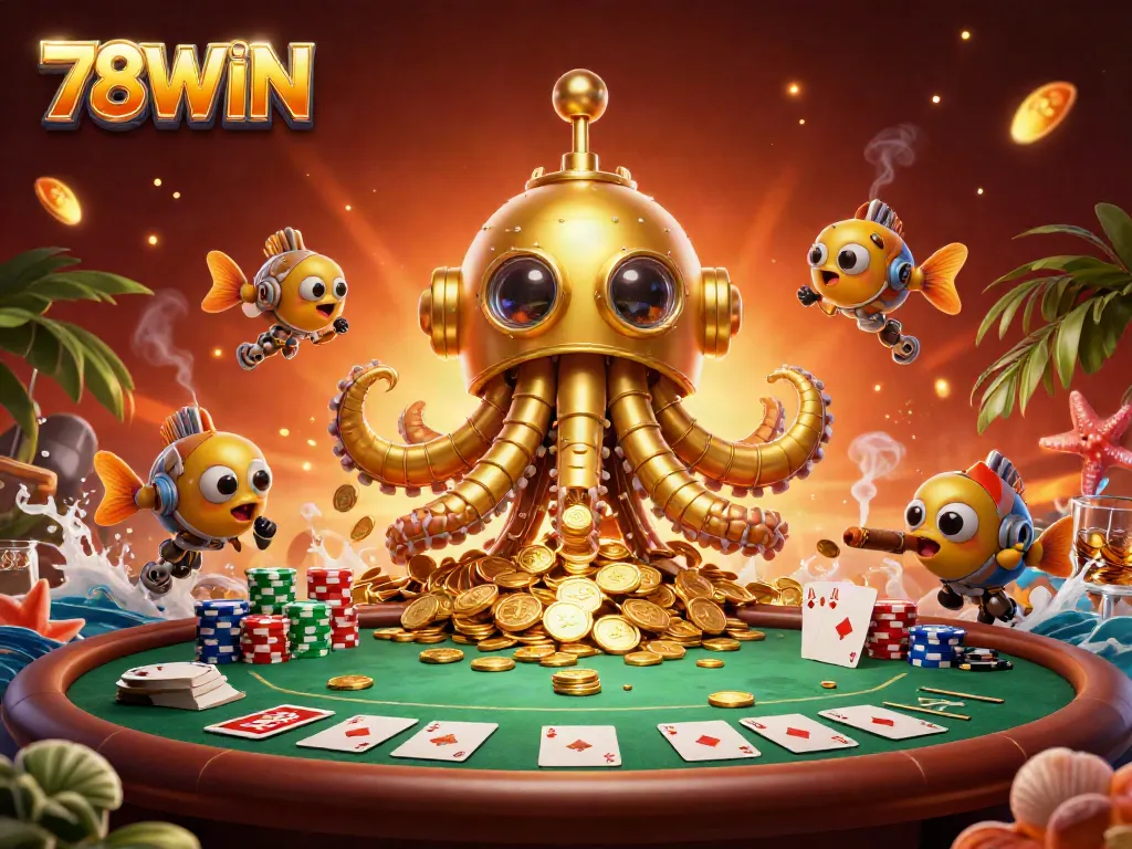 Experience riveting gameplay with 78WIN in a vibrant casino scene featuring winning poker hands and golden treasures.